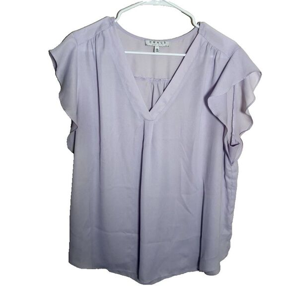Chaus Blouse Women's XL Purple V-Neck Short Sleeve Ruffle Career Sheer Top - Picture 1 of 8